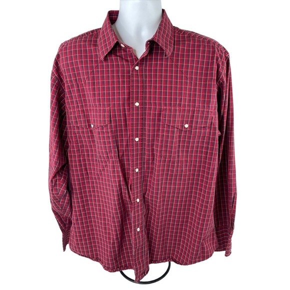 VINTAGE Wrangler Shirt Mens XL Red Plaid Check L/S Pearl Snap Western Shirt - Picture 1 of 10